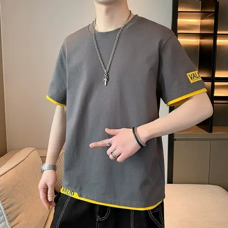 纯棉短袖t恤男士夏季2023潮牌潮流半袖体恤打底衫宽松假两件上衣商品大图