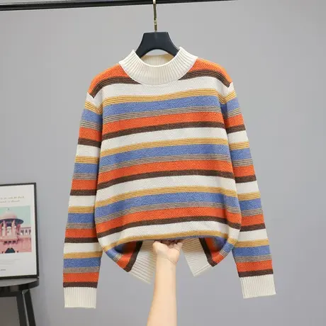 2023春秋新款韩版宽松半高领彩色条纹针织衫毛衣女士打底衫上衣女商品大图