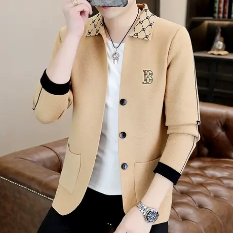 欧洲站男士高端针织开衫外套春秋季翻领个性潮牌毛衣男装夹克上衣商品大图