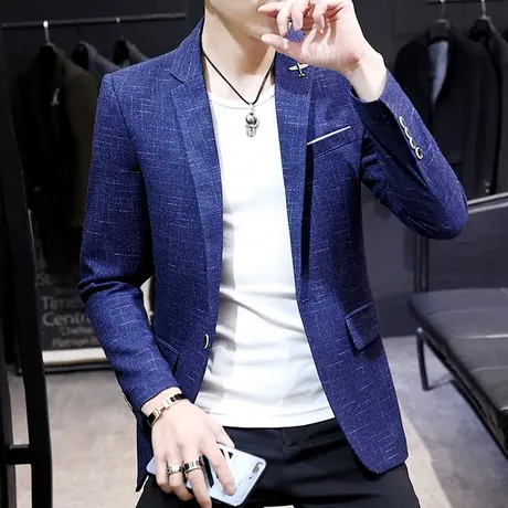 男士小西装春季薄款韩版几何格子单西服潮流帅气休闲男装外套上衣图片