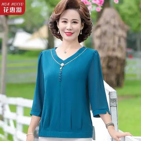 中老年女夏装洋气雪纺衫七分袖上衣中年春装妈妈夏季短袖小衫T恤图片