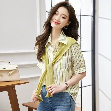 时尚气质条纹短袖衬衫2023年夏季新款淑女温柔甜美宽松显瘦上衣商品大图