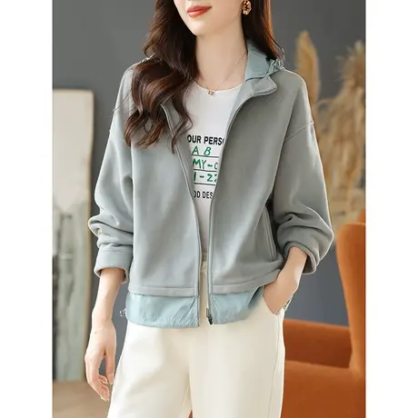 宝诗黎连帽拼接摇粒绒抽绳外套2023秋季新款长袖宽松外套洋气女装图片