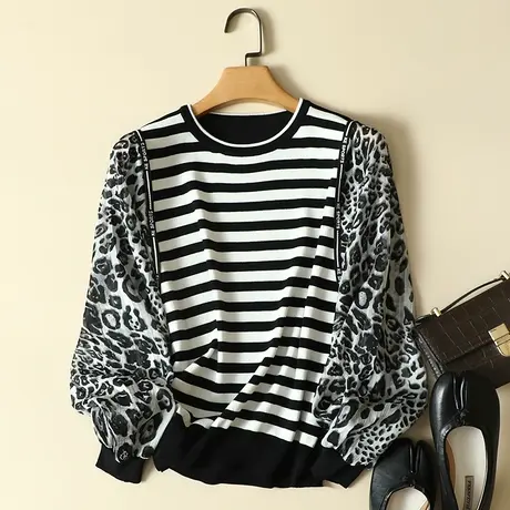 春装2024年新款雪纺长袖冰丝针织衫女洋气上衣宽松毛衣条纹打底衫图片