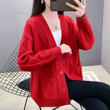 早秋新款针织毛衣开衫外套女2023年秋装新款V领开衫宽松百搭上衣商品大图
