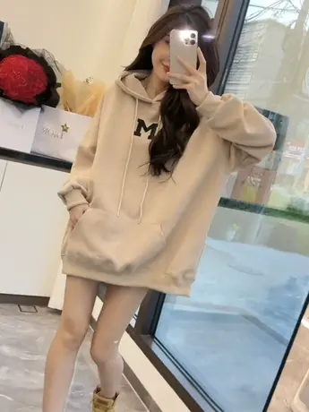 连帽卫衣女秋冬2024新款oversize小个子中长款遮屁股加绒加厚外套商品大图