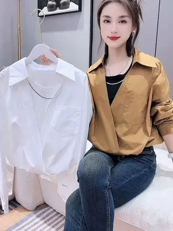 拼接假两件链条长袖衬衫女韩版宽松2023早秋装设计感港风洋气上衣商品大图