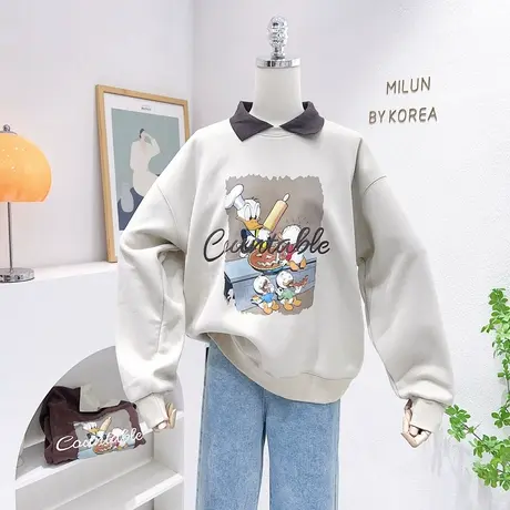 小个子加绒上衣2022秋冬款韩版复古卡通polo领加厚卫衣慵懒原宿风商品大图