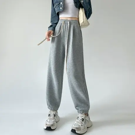 灰色运动束脚阔腿女春秋新款高腰显瘦宽松直筒百搭美式抽绳灯笼裤商品大图