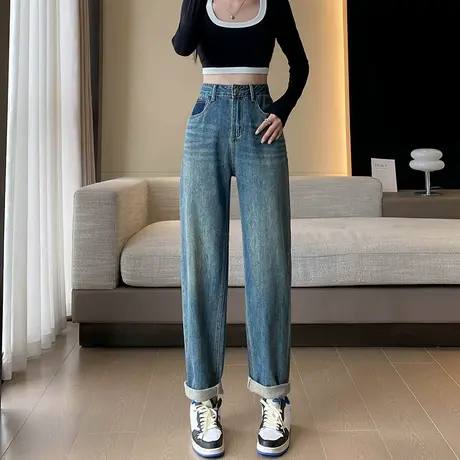 高腰阔腿牛仔裤女2023秋季新款撞色口袋显瘦宽松直筒窄版拖地裤子商品大图