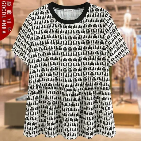 加肥加大码中年妈妈夏季上衣200斤宽松时尚印花减龄遮肚短袖T恤女商品大图