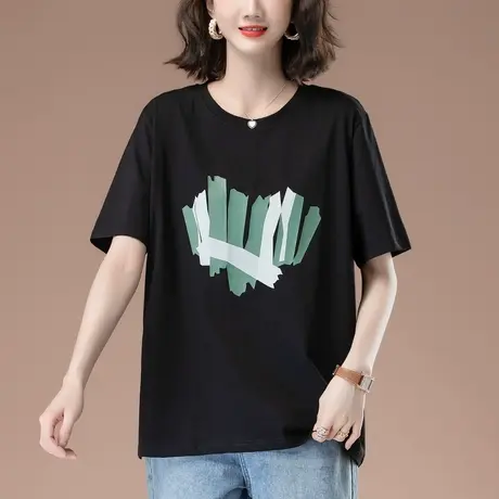 加大码女装短袖T恤女夏季新款中年妈妈宽松休闲印花圆领显瘦体恤商品大图