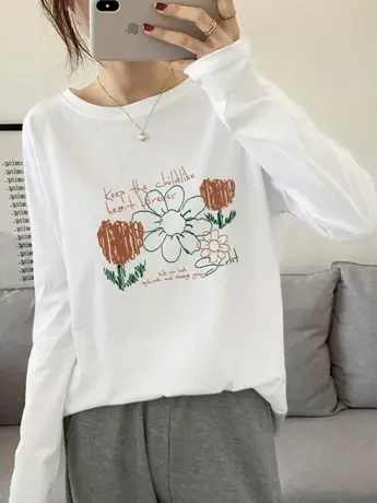 白色仿棉长袖t恤2023新款秋冬季加绒内搭打底衫胖mm大码女装上衣商品大图