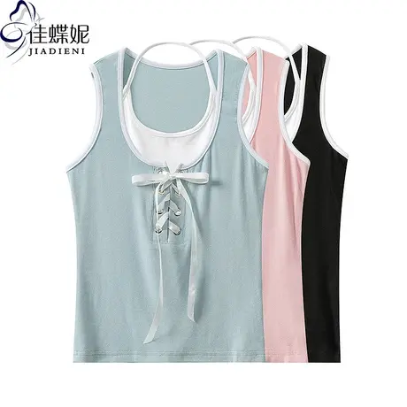 夏季新款圆领修身短款抽绳纯欲辣妹两件套纯棉纯色打底背心套装女图片