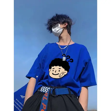 美式克莱因蓝纯棉t恤女ins大码oversize显瘦小众短袖ins潮上衣夏商品大图