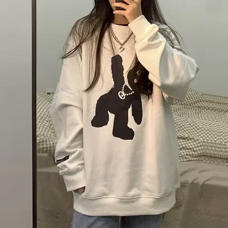 oversize卡通小熊卫衣女秋冬加绒加厚潮ins宽松胖mm嘻哈白色上衣商品大图