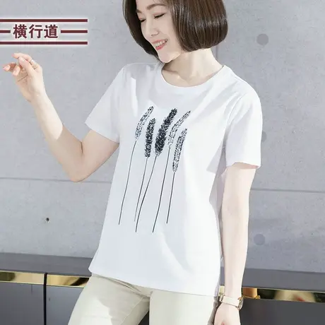 夏装2025纯白色圆领印花半袖胖MM宽松大码中年妈妈短袖t恤女上衣商品大图