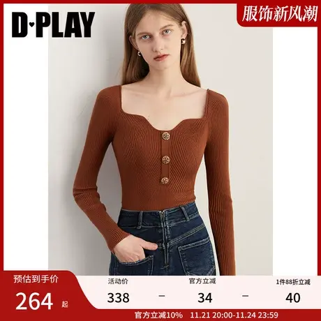 DPLAY冬美拉德轻奢焦糖色波浪异形领重工金属扣针织套头毛衣图片