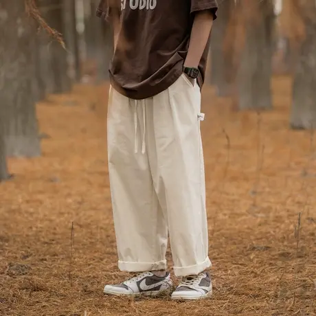 男士户外米色裤子男宽松直筒2023年新款秋季休闲裤男款美式冲锋裤商品大图