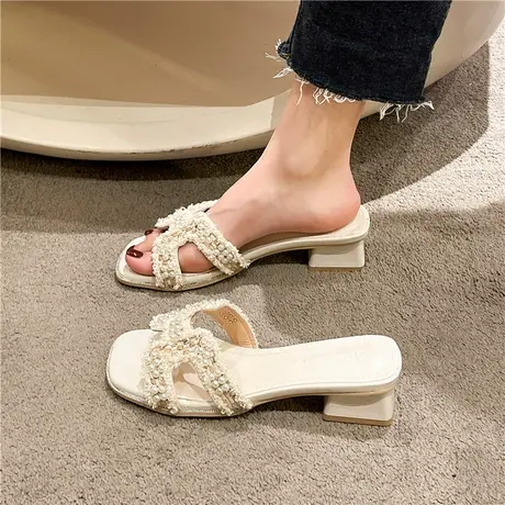 拖鞋女粗跟外穿2024夏季新款百搭水钻时尚中跟法式凉鞋一字凉拖潮商品大图