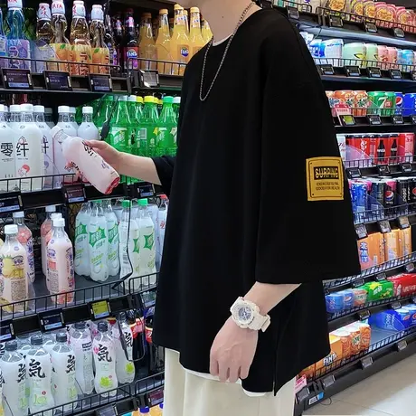 夏季潮牌七分袖t恤男宽松大码加肥冰丝短袖衣服潮流中袖五分袖男商品大图