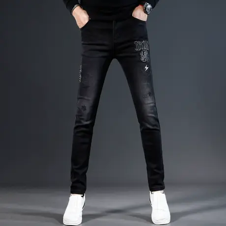 欧美刺绣牛仔裤男款修身小脚秋冬款黑色高端弹力潮流男士裤子商品大图