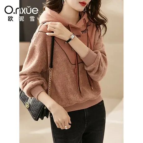 欧昵雪2023冬季新款休闲抽绳连帽拼接加绒绣花卫衣女长袖宽松显瘦商品大图