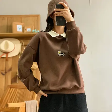 dza 复古短款翻领重磅加绒卫衣女士秋冬内搭打底宽松休闲长袖上衣商品大图