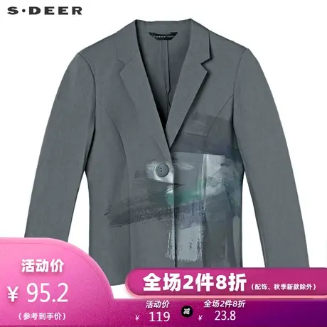 sdeer圣迪奥女时尚休闲平驳领撞色印花不规则摆长袖外套S17382281💳商品大图