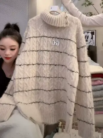 慵懒风条纹设计感侧开拉链韩系高领保暖宽松显瘦时尚针织套头毛衣图片