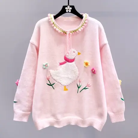 日系甜美减龄卡通毛衣女冬季2023新款设计感宽松百搭圆领针织衫商品大图