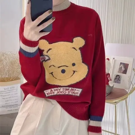 半高领毛衣女爆款洋气2024秋冬新款韩版假两件卡通宽松打底针织衫商品大图