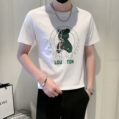 夏季小熊短袖t恤男2023新款潮流男装体恤重磅ins潮牌印花半截袖帅商品大图