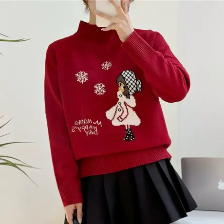 本命年龙年衣服半高领红色圣诞毛衣女2023秋冬新款内搭针织打底衫商品大图