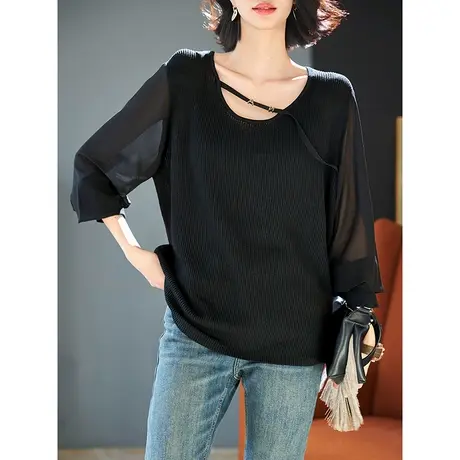 宝诗黎圆领网纱拼接针织衫女2024春季新款设计感洋气休闲上衣潮商品大图