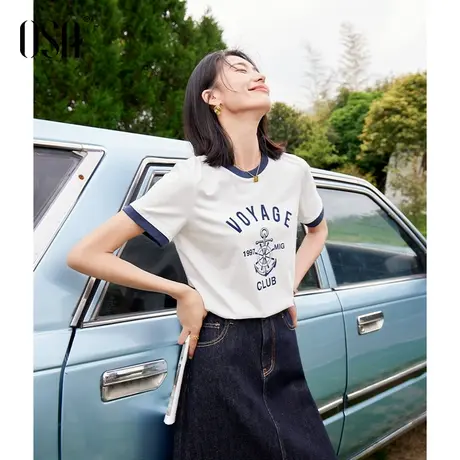 OSA欧莎白色美式复古短袖t恤女夏季2023年新款正肩显瘦体恤薄上衣图片