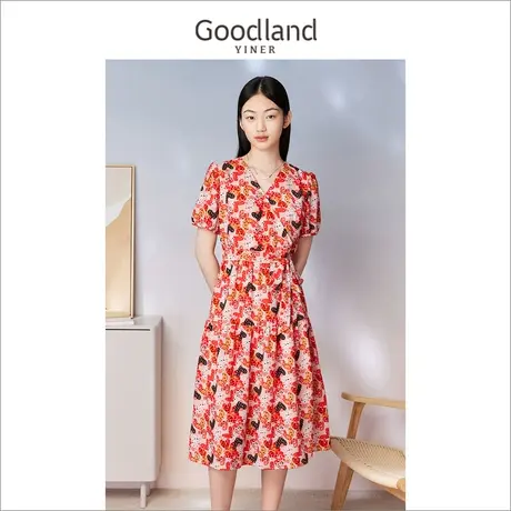 Goodland美地女装2023夏季V领爱心印花茶歇裙连衣裙配腰带图片