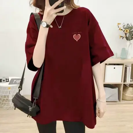 新款酒红色纯棉短袖T恤女24年春秋季爆款印花上衣休闲百搭慵懒风商品大图