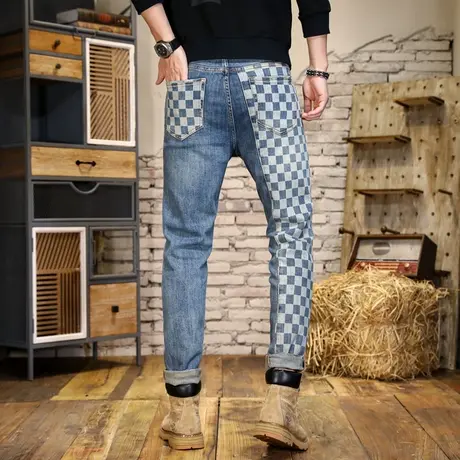 高档潮牌牛仔裤印花蓝色美式高街牛仔裤潮流拼接大码牛仔裤休闲男商品大图