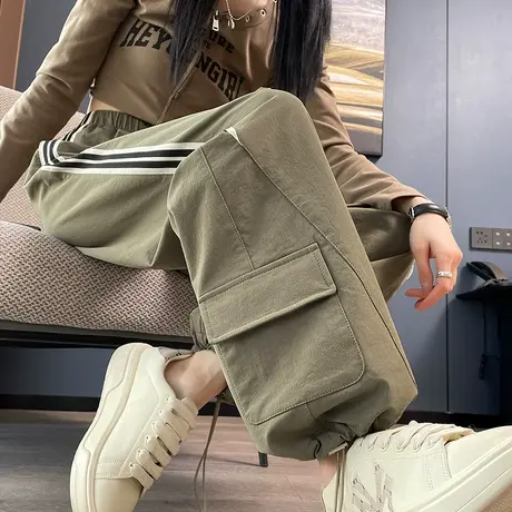 美式复古工装裤女2024春秋新款高腰阔腿窄版直筒休闲显瘦拖地长裤图片