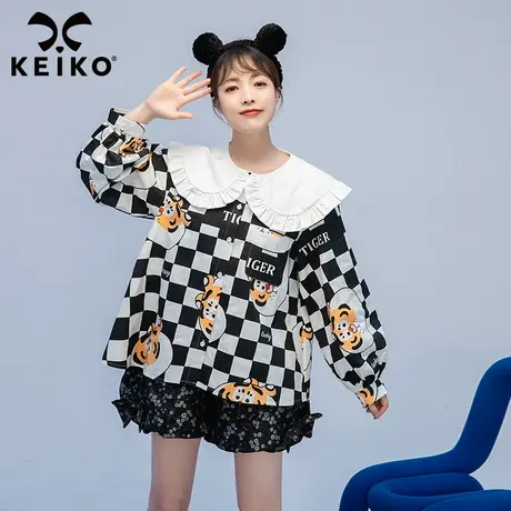 萌虎系列印花格子衬衫女2022秋季新款甜美宽松娃娃领上衣韩系外穿图片