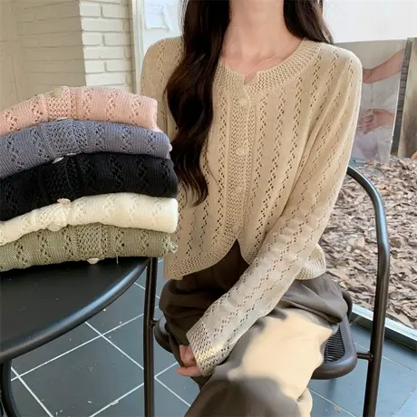 早春镂空设计感防晒针织打底衫女春秋季韩版宽松内搭长袖开衫上衣商品大图