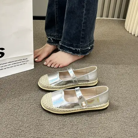 单鞋女2024春季新款法式渔夫鞋一脚蹬小香风银色平底软底玛丽珍鞋商品大图
