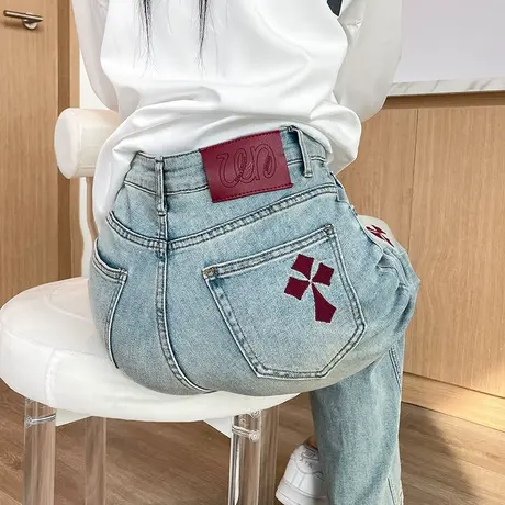 高腰阔腿牛仔裤女春季2024年新款宽松显瘦拖地裤子刺绣窄版直筒裤商品大图