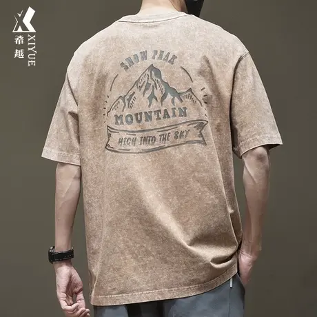 希越纯棉水洗复古短袖重磅T恤男2024春夏宽松大码美式压印五分t恤商品大图