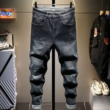 2021秋季新款韩版潮流修身男士牛仔裤破洞小脚破洞休闲长裤子男装商品大图