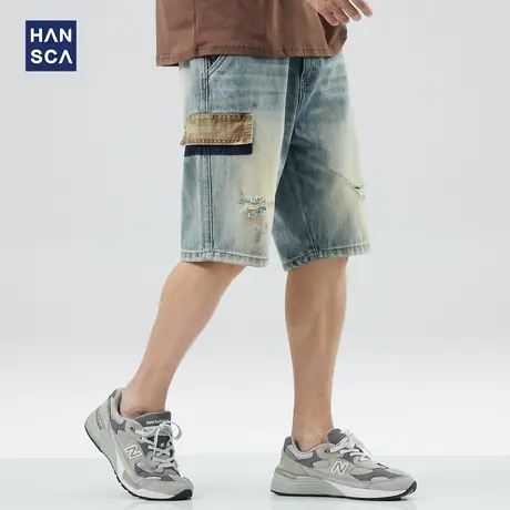 hansca破洞牛仔短裤男宽松直筒夏季潮牌痞帅美式高街休闲复古中裤商品大图