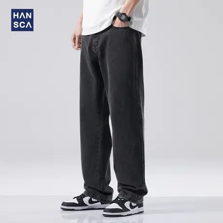 hansca黑色简约牛仔裤男春季2024新款青少年美式高街宽松休闲裤子商品大图