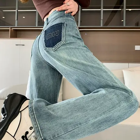 复古浅色阔腿牛仔裤女春秋2024新款宽松显瘦高腰设计感直筒拖地裤商品大图