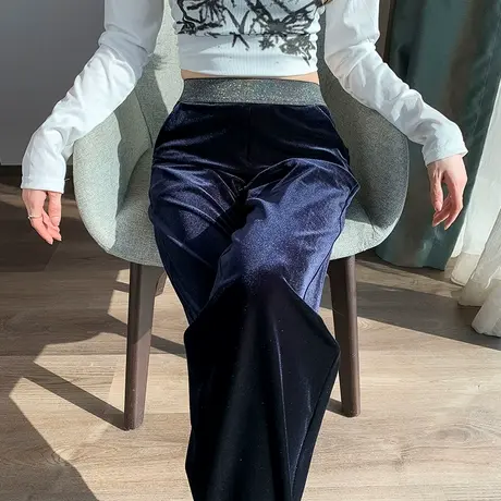 金丝绒藏蓝色阔腿裤女春秋2024新款高腰垂感显瘦宽松拖地直筒长裤商品大图